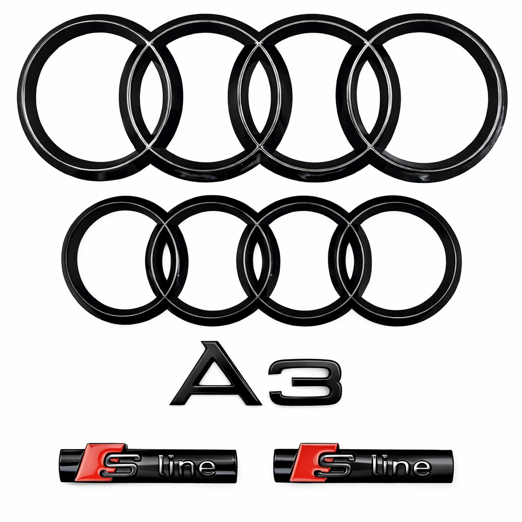 Audi A3 Full Gloss Black Badge Kit – Rings, S Line & A3 Emblems